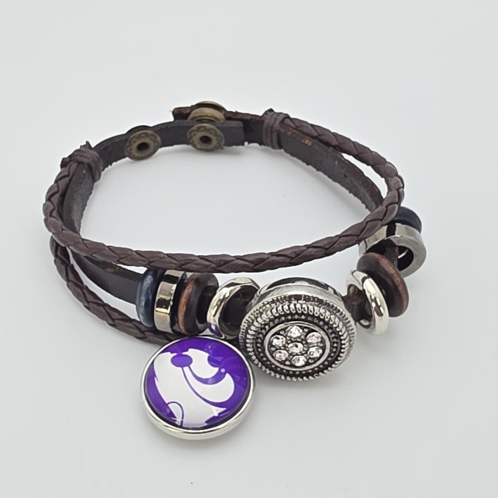 New! Leather Charm Bracelet Changeable Snap Charms Kansas State Brown‎ Purple 7"